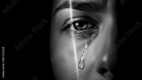 Close-up grayscale image of a human eye with a tear falling down a cheek