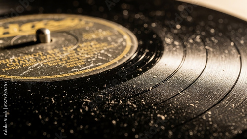 Close-up Macro Shot of a Dusty Vintage Vinyl Record with Visible Grooves