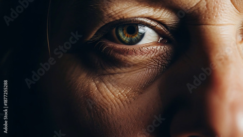 Close-up macro shot of an aged human eye with intricate wrinkles and a captivating iris