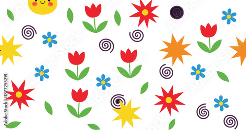 Colorful floral seamless pattern vector with abstract flowers, leaves, stars, and playful shapes for kids background design