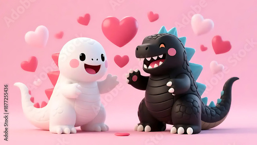 Cute 3D Dinosaur Couple Celebrating Love with Hearts