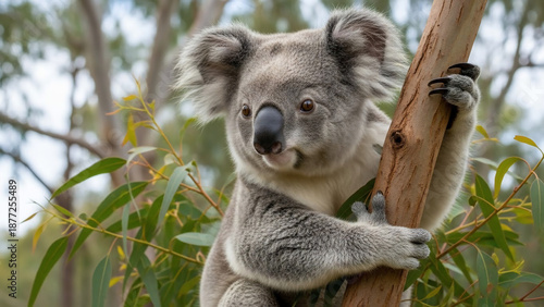 Close-up of a fluffy koala clinging to a eucalyptus tree branch in a natural setting