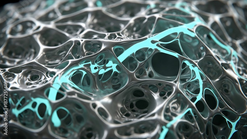 Abstract Organic Structure with Glowing Turquoise Veins in Metallic Finish