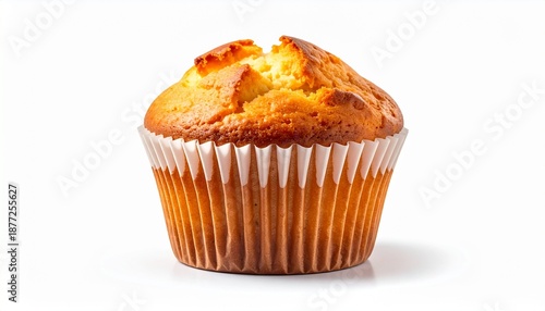 Golden-brown muffin in white paper liner on plain white background