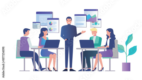 Business team collaborating on project with laptops and data analysis