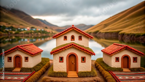 Colorful houses sit on the edge of a lake surrounded by green hills in the hills