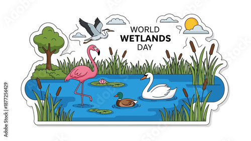 Colorful World Wetlands Day vector sticker illustration depicting a vibrant wetland ecosystem with flamingos, swans, ducks, and herons in their natural habitat