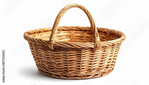 Woven wicker basket with single handle on white background