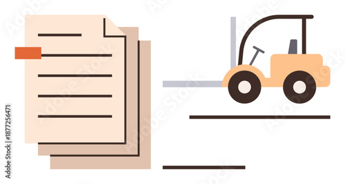 Logistics, warehouse management, supply chain, documentation, inventory control, goods transportation. Flat design image a stack of documents and a forklift. Logistics and warehouse management