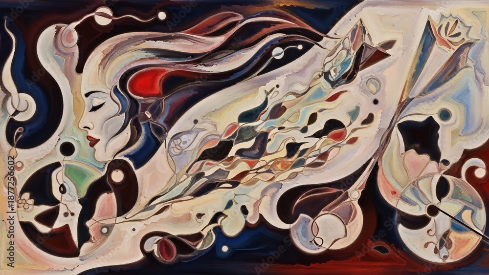 Obraz premium Abstract painting of a womans face and flowing shapes.