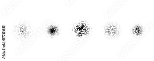 Circle stippled noise gradient collection. Round grain brush stroke set. Radial dusty sand elements. Dotted splatter overlay spots. Grunge sprinkle dotted spray texture. Vector gritty splashed piles