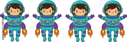 Cute astronaut kid character vector set in spacesuit with jetpack for space exploration, education, cartoon design