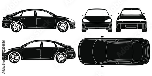 Silhouette sedan EV car vector. Silhouette Car mockup illustration of a sedan EV. Isolated on white background