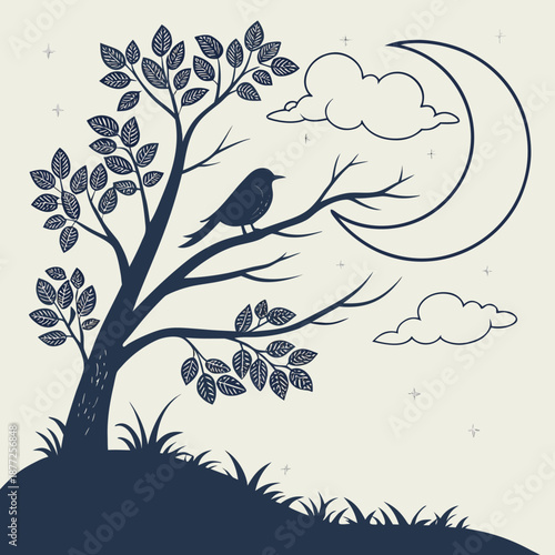 Moonlit night scene with bird perched on tree branch under crescent moon