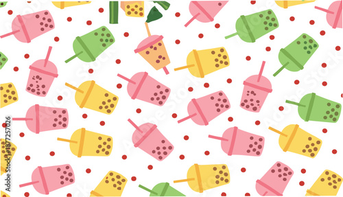 Cute bubble tea seamless pattern with colorful boba milk tea cups in pastel cartoon flat style