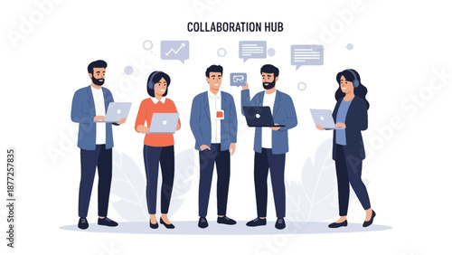 Diverse team collaborating in a modern office, using laptops and virtual reality headset