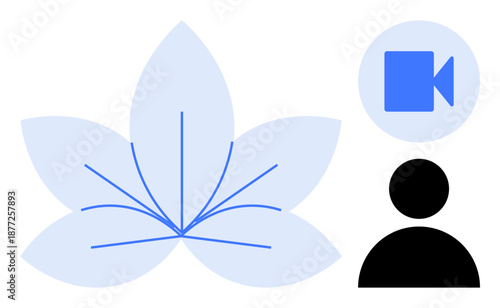 Nature, video communication, multimedia platforms, user interface, personal branding, digital integration. Blue leaf with video icon and user figure. Nature and video communication