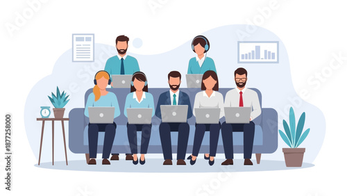 Diverse team working remotely on laptops in a modern office setting