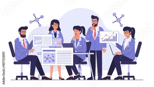 Diverse team collaborating on scientific research in a modern office setting.