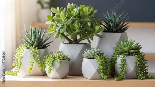 Collection of various succulent plants in modern geometric pots arranged indoors