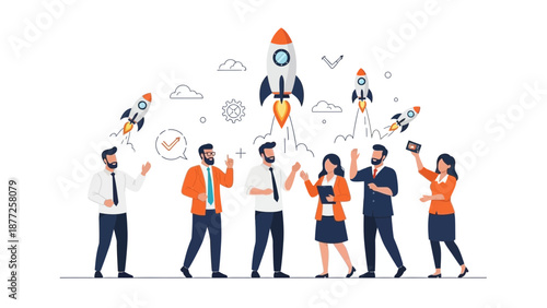 Business Team Launching Rockets - Startup, Innovation, Growth Concept