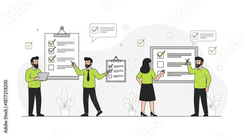 Teamwork and Planning: People checking tasks on clipboards and whiteboard