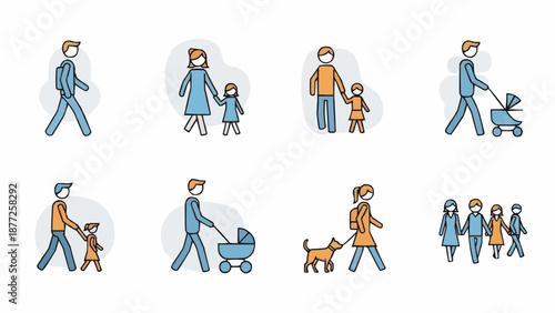 Collection of stylized people walking and pushing strollers.