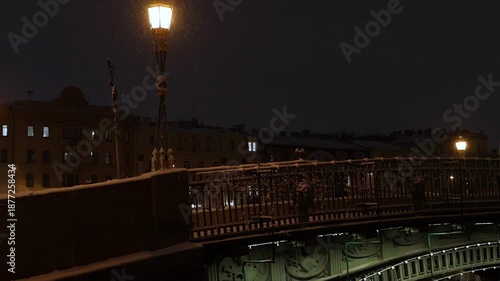 lonely bridge lane under amber lamp, empty railing and green underlight, quiet winter hush and distant building windows, evocative frame for night patrol or reflective urban walker narratives