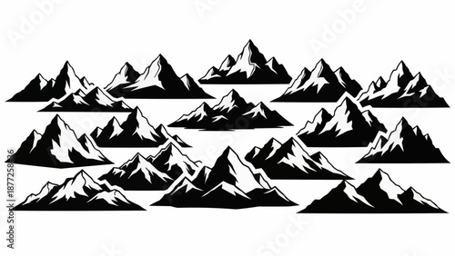 Collection of stylized mountain peaks in black and white silhouette.