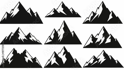 Collection of stylized mountain peaks in silhouette vector art.