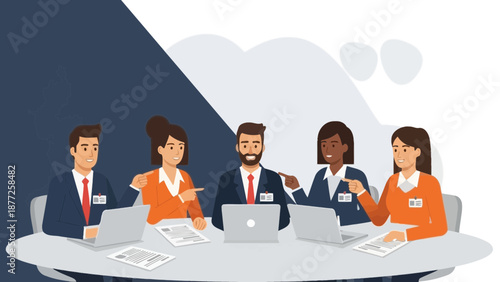 Diverse team collaborating at a meeting table with laptops and documents