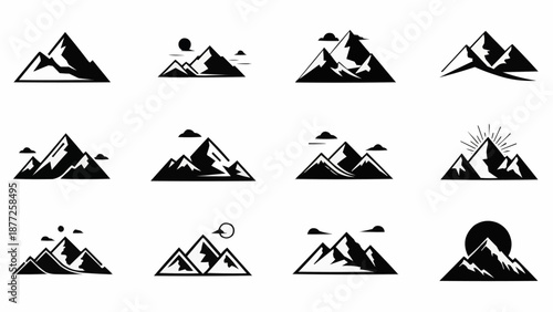 Collection of stylized mountain range icons and symbols.