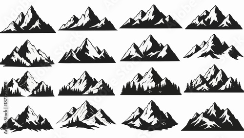 Collection of stylized mountain range silhouettes for design elements.