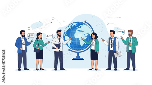 Diverse team pointing at globe, global business meeting, international collaboration concept