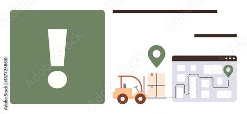 Shipping, logistics tracking, supply chain management, delivery, warehouse organization, transportation. Visual layout includes a forklift, package location markers and a routed map. Logistics