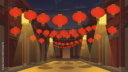 Vibrant chinese red lanterns illuminate a traditional corridor with yellow flooring and brown walls at night