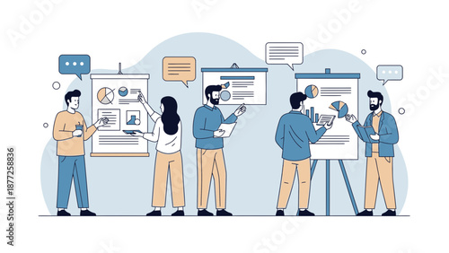 Team Meeting Presentation with Charts and Graphs on Whiteboards
