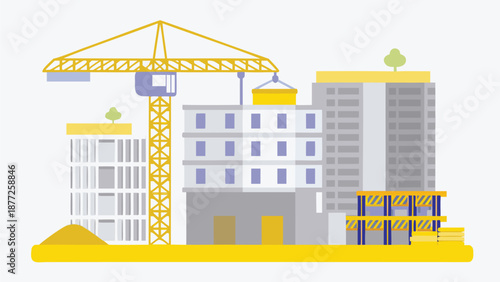 Modern urban construction site with crane and buildings