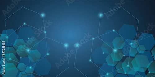Dark gray and blue horizontal hexagonal technology abstract vector background. Red bright energy flashes under the hexagon in a wide banner of futuristic modern technology. vector,art,modern