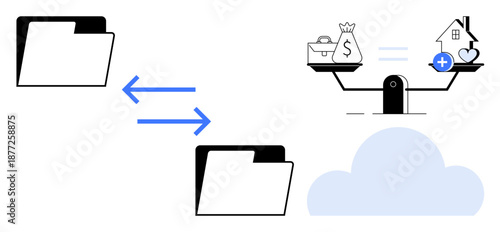 Cloud storage concept. Cloud storage with file transfers and balancing financial decisions. Cloud storage ensures data sharing and stability. For technology, finance, business, data management