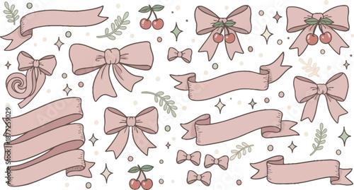Charming Hand-Drawn Pink Ribbons and Bows Collection with Cherries and Sparkles – Sweet Decorative Elements for Invitations and Crafts