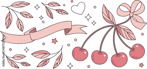 Sweet Cherry Blossom Branches and Ribbon with Stars and Heart for Design