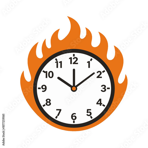 Clock with fire around it, vector icon.