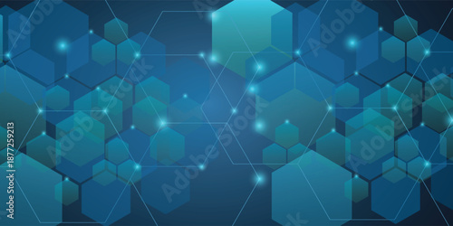 Dark gray and blue horizontal hexagonal technology abstract vector background. Red bright energy flashes under the hexagon in a wide banner of futuristic modern technology. vector,art