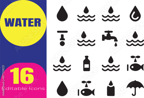 Set of 16 Water and Hydration Line Icons Featuring Water Drops Waves Taps and Bottles for Environmental and Plumbing Designs