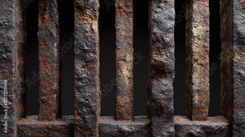 An old and weathered jail bars, evoking a sense of confinement and decay. The bars are made of rusty iron, with close-up view.