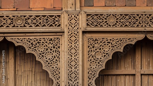 Intricate wooden carvings adorn a traditional architectural detail, showcasing exquisite craftsmanship and cultural heritage in a close-up view.