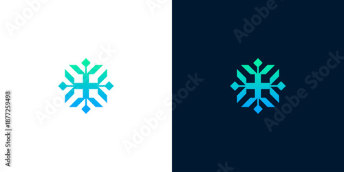 Modern abstract geometric emblem with a vibrant blue and teal gradient, symbolizing innovation, connection, and symmetrical balance for corporate identity or digital technology branding
