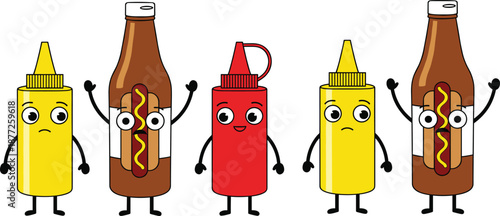 Cute ketchup and mustard bottles with hot dog sauce characters, funny cartoon condiment mascot flat vector illustration