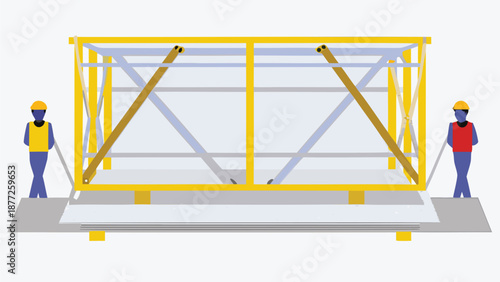 Construction workers assembling large yellow metal structure